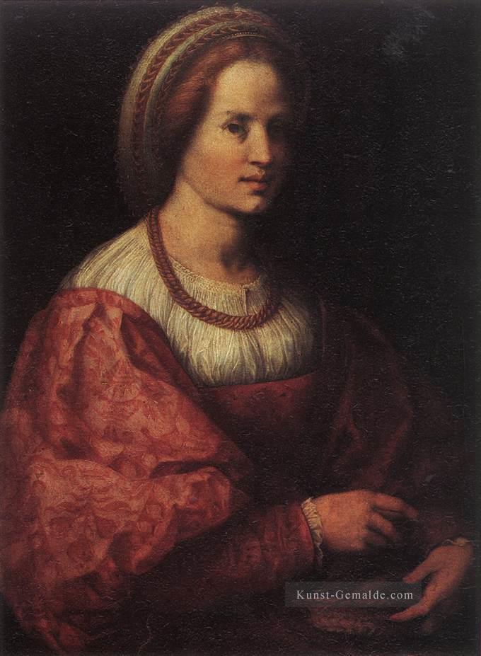 Porträt einer Frau mit einem Korb von Spindeln Renaissance Manierismus Andrea del Sarto Ölgemälde